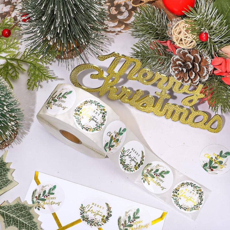 Whaline 1000Pcs Merry Christmas Gold Foil Stickers Roll Holly Berry Watercolor Seal Stickers Xmas Greenery Self-Adhesive Decals for Envelope Journal Party Decor, 4 Designs - Image 3